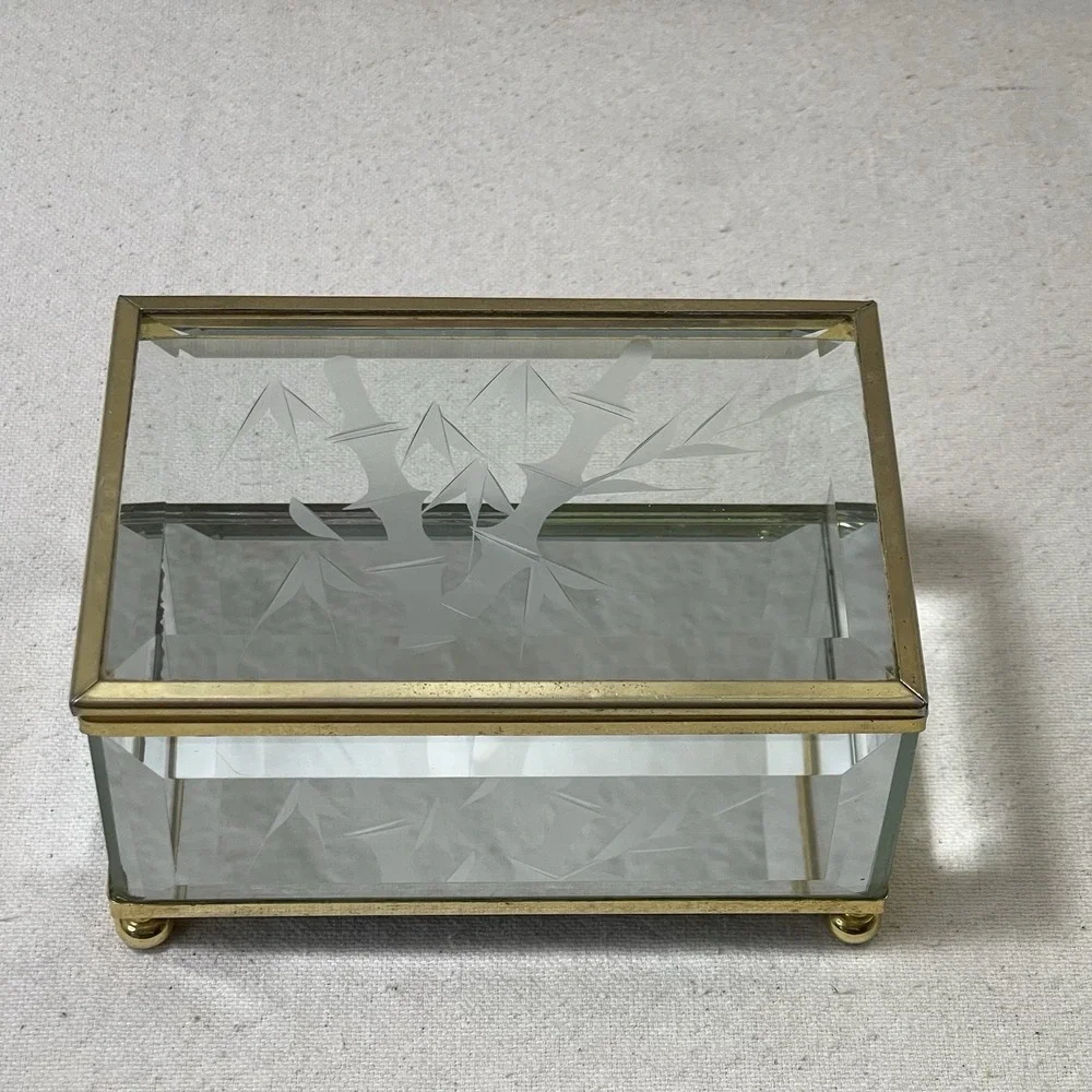 Vintage Glass Brass Mirrored Jewelry Trinket Vanity Display Box Etched‎ Bamboo